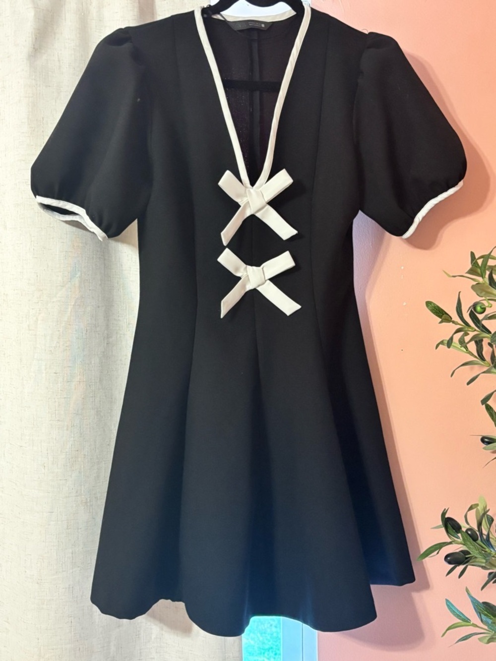 Zara Black Dress with White Bow Trim and Puff Sleeves